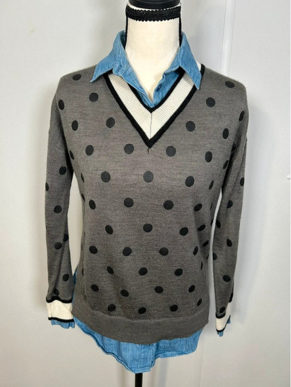 Thml XS Gray Black Polka Dot Sweater Denim Collared Layered Preppy